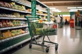 Shopping cart in supermarket aisle, products on market shelfs, grocery store