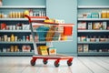 Shopping cart in supermarket aisle, products on market shelfs, grocery store