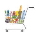 Shopping cart in a supermarket full of food and drinks Royalty Free Stock Photo