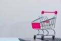 Shopping cart or supermarket trolley with laptop notebook isolated on grey background, e-commerce and online shopping concept. Royalty Free Stock Photo