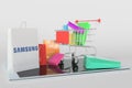 Shopping cart on a tablet computer and paper bag with Samsung logo. Editorial e-commerce related 3D rendering