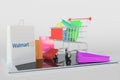 Shopping cart on a tablet computer and paper bag with Walmart logo. Editorial e-commerce related 3D rendering