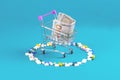 Shopping cart with tablet and dollar banknote. Spending money on pills and expensiveness of medicine concept Royalty Free Stock Photo