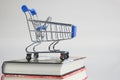 The shopping cart is on top of a stack of books Royalty Free Stock Photo