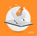 shopping cart or trolley,buy button,and smartphone place on white circle Royalty Free Stock Photo