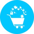 Shopping cart, trolley vector in blue circle icon. Contain such icon as mobile shop, web site, and ui. Cart flat collection of we