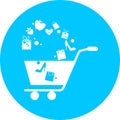 Shopping cart, trolley vector in blue circle icon. Contain such icon as mobile shop, web site, and ui. Cart flat collection of we