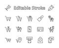 Shopping Cart Vector Line Icons Set: Money, ATM, List Products, Vegetables, Bank Card, Terminal, Bag, Favorite Shopping