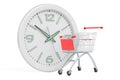 Shopping cart with wall clock. Shopping time concept, 3D rendering Royalty Free Stock Photo