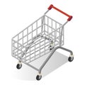 Shopping cart wire metal empty isometric icon. Grocery trolley for purchases transportation.