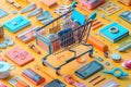 Shopping Cart on Yellow Background with Various Items Royalty Free Stock Photo