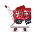 Shopping carts full of shopping bags with 3D red and black paper price tags sale, vector Royalty Free Stock Photo