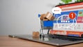 Shopping carts and product boxes Place on laptop computer showing online shopping concept, website, e-commerce, market platform, Royalty Free Stock Photo