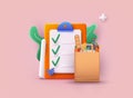 Shopping checklist on a clipboard paper. Paper bag with foods. Delivery service. Online ordering of food, grocery delivery, e-