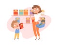 Shopping with child. Mother son in grocery store. Woman with shop basket, boy want cornflakes box. Cartoon family in Royalty Free Stock Photo