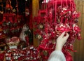 Shopping at Christmas market, selection of gifts and decor for the New Year tree