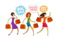 Shopping. clearance sale, fashion concept. People, girls run to the store. Funny cartoon vector illustration