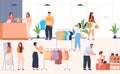 Shopping in a clothing store. Women and men shop and try on clothes and shoes. Vector illustration Royalty Free Stock Photo