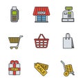 Shopping color icons set. Cash register, bag, tags, basket on wheels, store, gift box. Logo concepts. Vector Royalty Free Stock Photo