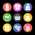 Shopping color icons set. Cash register, bag, tags, basket on wheels, store, gift box. Smart watch UI style. Royalty Free Stock Photo