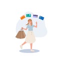 shopping concept. woman enjoy shopping she have a many credit cards choice. Flat vector illustration Royalty Free Stock Photo