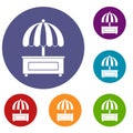 Shopping counter with umbrella icons set Royalty Free Stock Photo