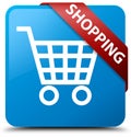 Shopping cyan blue square button red ribbon in corner Royalty Free Stock Photo