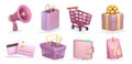 shopping 3d illustration realistic vector icon set. Basket, gift, megaphone, credit card, discount label, shopping cart soft lilac