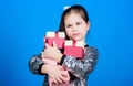 Shopping day. Child carry lot gift boxes. Kids fashion. Surprise gift box. Birthday wish list. Special happens every day