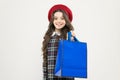 Shopping day. Happy child hold packages. Girl with shopping bag. Save money. Rediscover great shopping tradition Royalty Free Stock Photo