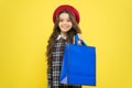 Shopping day. Happy child hold packages. Girl with shopping bag. Save money. Rediscover great shopping tradition Royalty Free Stock Photo