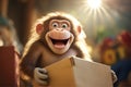 Shopping and delivery or moving the house concept, excited monkey holding a cardboard box. Generative AI