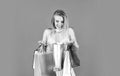 Shopping with discount. Gifts and presents. Woman paper bags. Cute shopaholic. My birthday. Fashion is nothing but Royalty Free Stock Photo