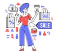 Shopping and discount vector outline illustration, store worker managing goods or customer have a big choice and enjoying cheap
