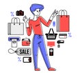 Shopping and discount vector outline illustration, store worker managing goods or customer have a big choice and enjoying cheap