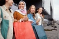 Shopping. Diversity Girls Holding Bags. Group Of Smiling Multicultural Women Standing Near Mall. Royalty Free Stock Photo