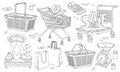 Shopping doodles hand drawn set, baskets and shopping carts, scales and packages. Royalty Free Stock Photo