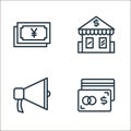 shopping and ecomerce line icons. linear set. quality vector line set such as debit cards, speaker, shop