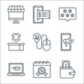 shopping ecommerce line icons. linear set. quality vector line set such as wallet, calendar, laptop, advertising, mouse, unboxing