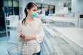 Shopping during the epidemic.Buyer wearing a protective mask.Panic buying during coronavirus outbreak.Deficiency in drugstores