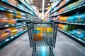 Shopping experience Blurred shopping cart in a busy supermarket department store