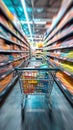 Shopping experience Blurred shopping cart in a busy supermarket department store