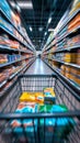 Shopping experience Blurred shopping cart in a busy supermarket department store