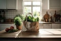 Shopping fabric tote bag with groceries and fresh green herbs and vegetables on kitchen table.