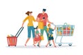 Shopping family. Mom dad kids shop basket cart consume retail purchase store grocery mall supermarket cartoon shoppers