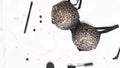 Shopping and fashion concept. glamorous stylish sexy lace lingerie brassiere with cosmetic products, woman accessories on white Royalty Free Stock Photo