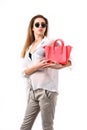 Shopping and fashion concept. Woman with fancy female bag. Royalty Free Stock Photo