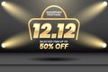 12.12 Shopping festival sale banner with gold element on 3d realistic studio mockup . Social media banner template, voucher,