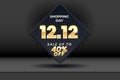 12.12 Shopping festival sale banner with gold element on 3d shape and realistic studio mockup . Social media banner template,