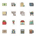 Shopping filled outline icons set